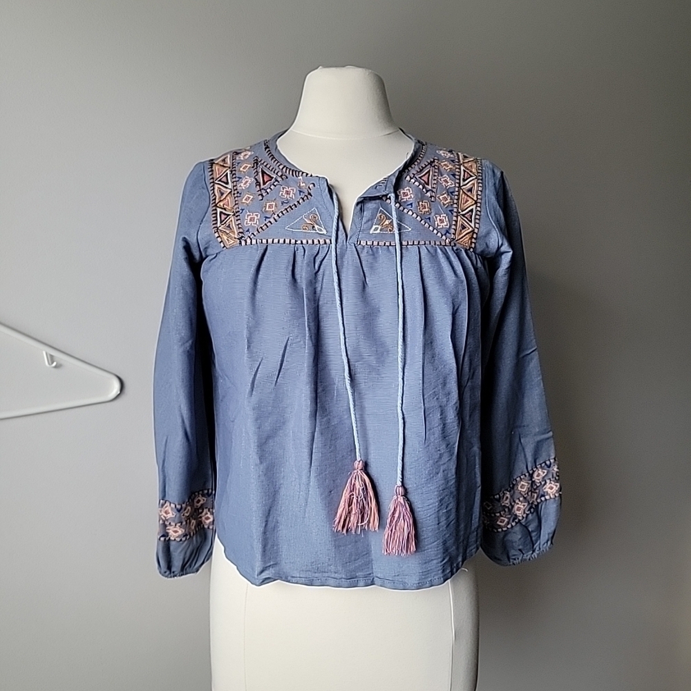 Rebellion blue embroidered blouse with tassels Size M